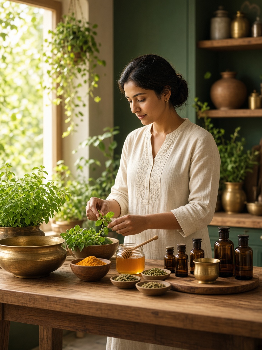 Ayurvedic wellness studio with organic herbs and natural products